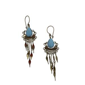 New VTG Tribal Artisan Handmade Dangle Drop Earrings Blue Opal 2"Metal Wire Art